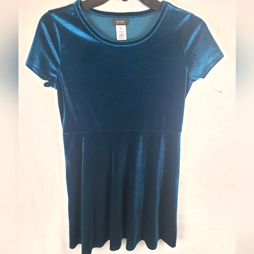 Holiday Editions Girl's Velvet Green Short Sleeve A-line Dress Sz 14-16